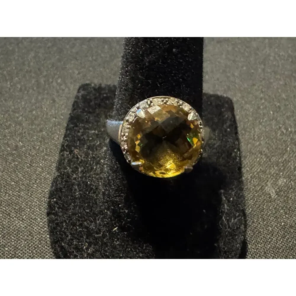 925 Silver Citrine & Diamond Faceted Stone Ring Size 7